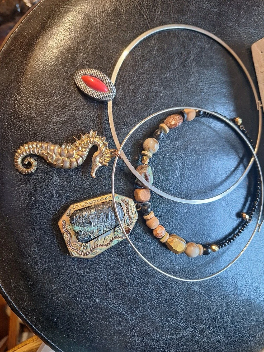 3 Bundle Cuff Style Necklaces with Seahorse Bohemian Coastal Beachy Pendants